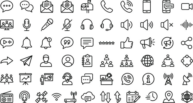 Communication and digital network linear vector icon set featuring social media chat business messaging broadcasting support symbols.