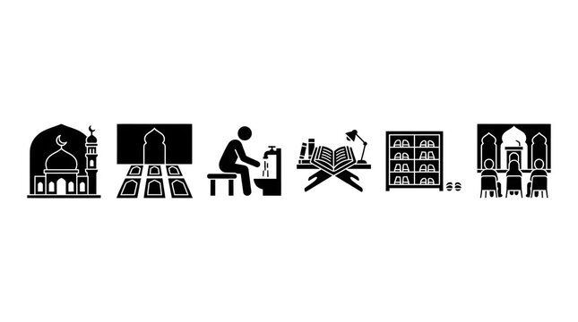 Black and white vector icons set representing various mosque facilities and Islamic prayer rituals