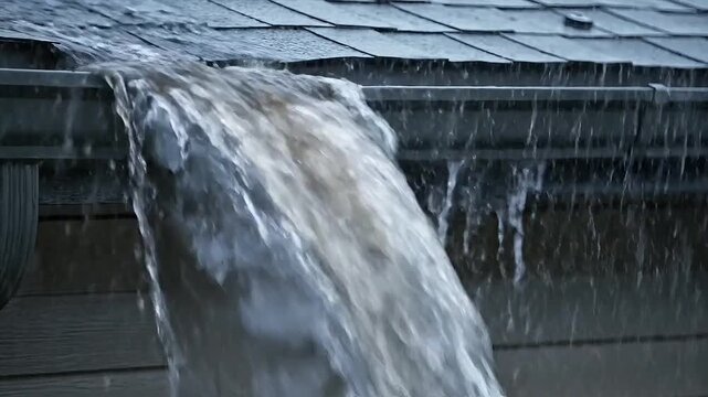 Rainwater pours heavily from a clogged metal gutter attached to the edge of a shingled roof.