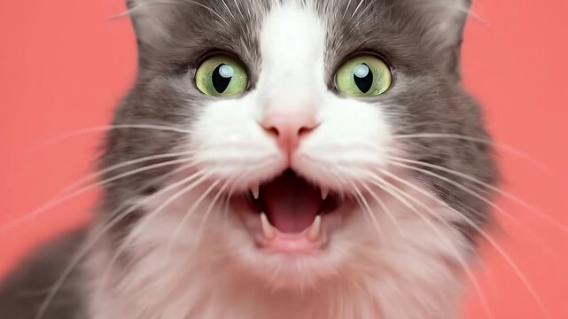 Gray and white cat meowing with open mouth and moving on a coral background