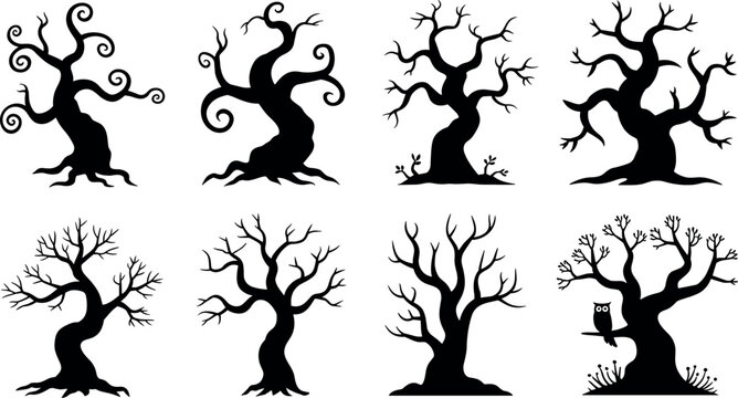 Set of eight black silhouette icons of spooky, leafless, and twisted trees in various styles, some including an owl perched on a branch, isolated vector collection.