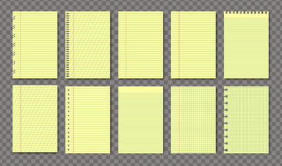 Yellow legal A4 note paper pad sheet collection 10 in 1. Paper notebook legal memo set lined and checkered paper blank layout template. Grid lines chechered texture. Vector illustration © boxerx