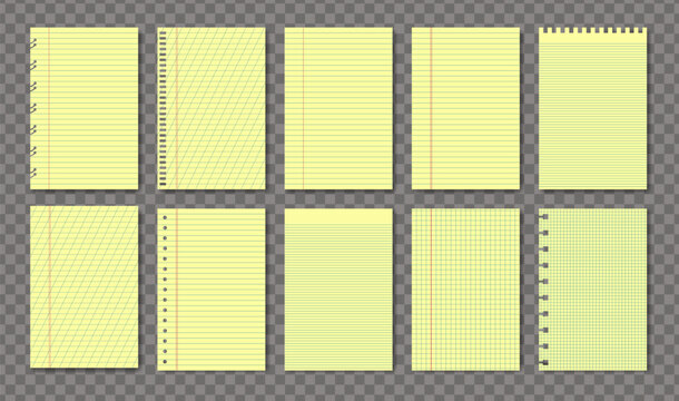 Yellow legal A4 note paper pad sheet collection 10 in 1. Paper notebook legal memo set lined and checkered paper blank layout template. Grid lines chechered texture. Vector illustration