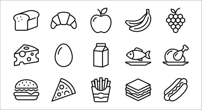 Line style food icons set including bread fruit cheese and fast food elements loaf croissant