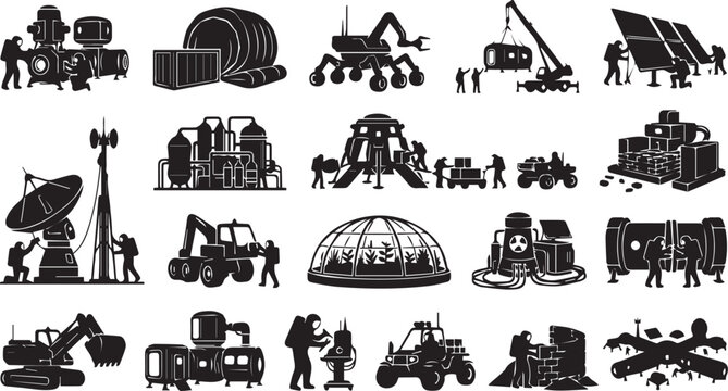 Industrial Space Exploration Silhouette Vector Bundle Featuring Mars Rover, Habitat, Observatory, Excavator, Solar Panels, Research Equipment and Mission Infrastructure