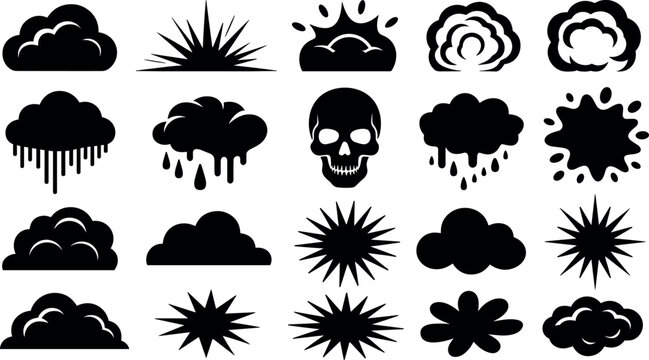 Set of black graphic icons featuring various clouds, rain, explosions, and a skull, isolated vector collection.