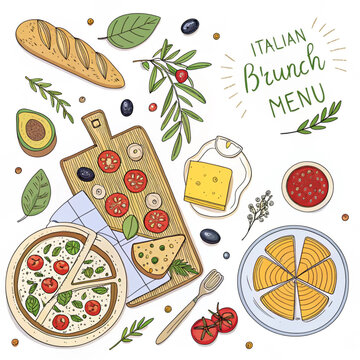 Wax crayon drawn doodle sketch Italian brunch menu cover. Hand drawn food colored illustration for poster, placard template. Doodle sketch mediterranean breakfast, picnic or dinner illustration.
