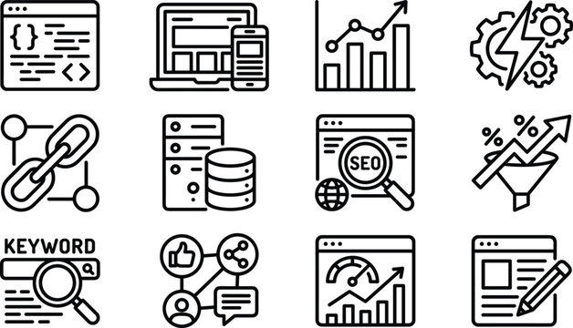 Search engine optimization line icon set featuring coding web analytics links keywords server database and marketing funnel