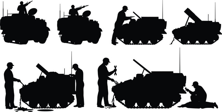 Silhouette illustration of soldiers repairing armored military vehicles and combat tanks, battlefield service, war machine maintenance, army repair operation vector design