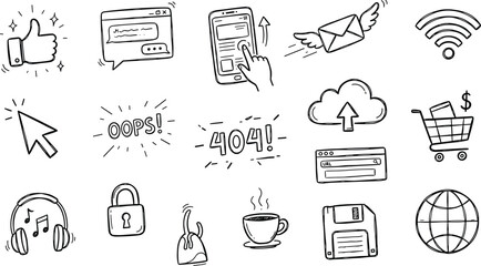 Web development doodle icon set featuring internet symbols social media cursor shopping cart cloud and security elements © MdNipon