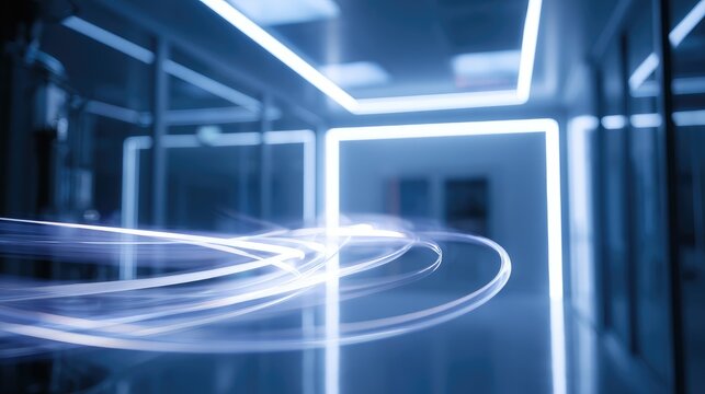 Futuristic Light Trails in an Innovative Space: Capturing Modern Technology and Aesthetics