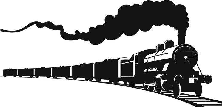 Silhouette of steam locomotive pulling long train on curved railway with trailing smoke, capturing vintage motion and classic industrial transport design.