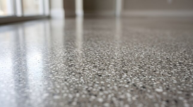 Polished concrete floor texture with exposed aggregate and smooth glossy finish in modern interior architecture