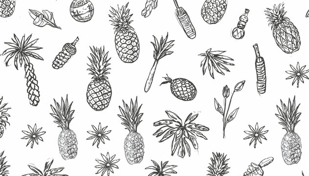 Seamless hand-drawn pattern with tropical fruits and plants including pineapples, palm trees, and various leaves in a black and white sketch style.