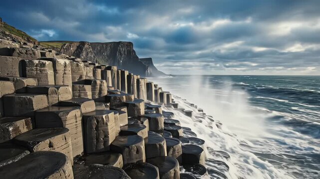 Crashing ocean waves splashing against the famous hexagonal basalt columns of the Giants Causeway under a dramatic cloudy sky on the rugged coast of Northern Ireland