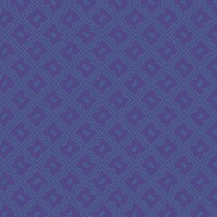 Fototapeta premium Abstract seamless geometric pattern featuring cyan blue thin lines forming a repetitive diamond lattice on a solid dark purple background. Moroccan inspired tile texture.