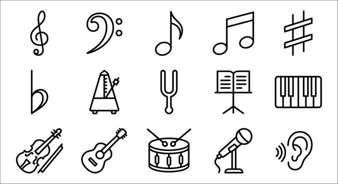 Musical Symbols And Instruments Line Icons Set On White Background acoustic allegro amplitude art audio