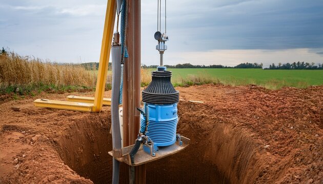 submersible water pump being lowered into a deep borehole with metal pipe system and wire rope representing well drilling and installation