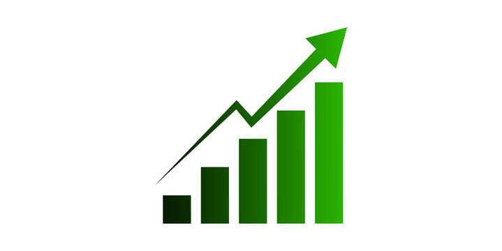 Green Bar Chart Increasing Upward Arrow Isolated On Transparent Background