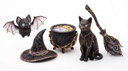 Magical witch accessories including a black cat, cauldron, broomstick, bat, and hat. Halloween objects with golden filigree details for mystical festive decoration and creative design. © Akry