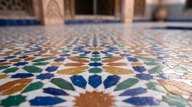 Traditional Moroccan zellige mosaic tile floor from low angle