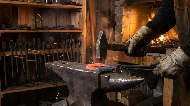 Blacksmith hammering red hot horseshoe on anvil | Traditional metal forging in rustic blacksmith shop | Close-up of artisan smith shaping iron with hammer and sparks |Hands of metalworker with glowing