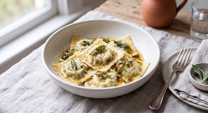 Ravioli in Burro e Salvia Stuffed Pasta Pockets with Butter and Crisp Sage Leaf Sauce