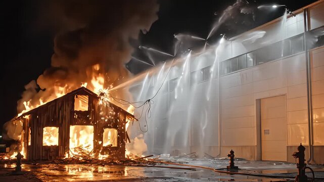 Burning wooden house structure engulfed in flames at night while multiple water streams from fire hoses spray the intense fire to protect an adjacent industrial building