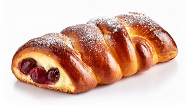 Sweet Kolach With Cream Cheese And Cherry Filling Golden Brown Pastry Isolated On White Background