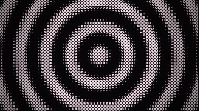 Modern looping animation featuring glowing circular geometric patterns arranged in a symmetrical layout over a black background. Perfect for technology, digital displays, presentations.