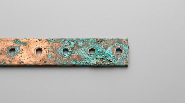 oxidized copper grounding busbar with green patina