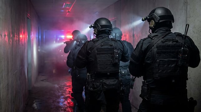A group of police officers in tactical gear move cautiously through a dark and smoky hallway with flashing red and blue lights