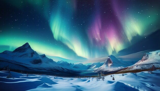 Ethereal Aurora Borealis Shimmers Above Snow Capped Mountains And Frozen Landscape