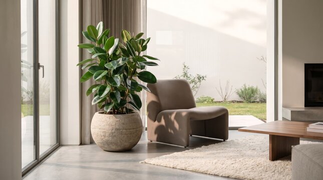 Healthy Rubber Plant in Sophisticated Luxury Living Room