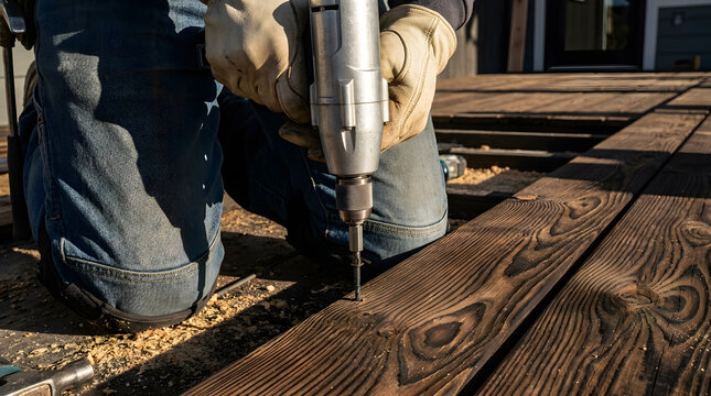 Professional carpenter installing wooden deck boards | Using impact driver for outdoor decking project | Close-up of wood deck construction with power tools | Pine decking installation by contractor