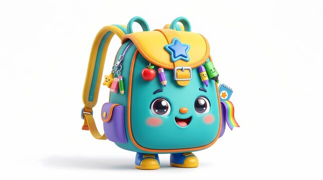 A charming and cute cartoon school backpack character, brightly colored with a happy, smiling face, standing on a white background, perfect for children's themes.