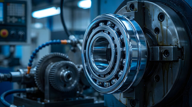 Industrial metal lathe processing ball bearing | High precision steel chrome bearing assembly | Modern CNC machine tool workshop | Mechanical engineering industrial manufacturing process