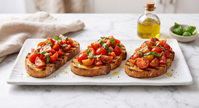 Bruschetta al Pomodoro Grilled Garlic Bread Topped with Diced Tomatoes and Fresh Basil