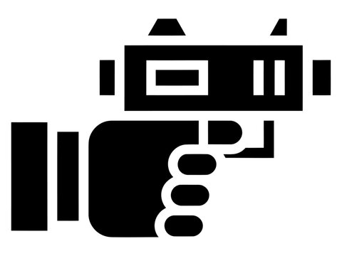 Hand holding a futuristic laser gun or scanner device depicted as a bold black vector icon
