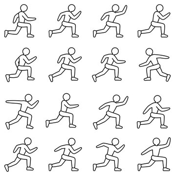 Set of human running pose vector icons showing various stages of a sprint motion sequence