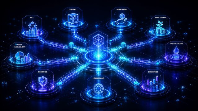 Decentralized finance defi ecosystem concept with digital financial services