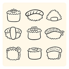 Japanese food sushi and onigiri doodle collection hand drawn traditional nigiri maki rolls gunkan and rice ball set line art illustration © Pukskup