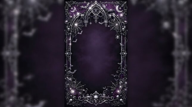 Ornate Gothic Frame with Skulls Bats and Moonlight during Halloween Night
