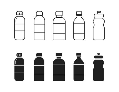 plastic water bottle icons. outline and glyph plastic water bottles icon set for fitness sports hydration and beverage packaging design