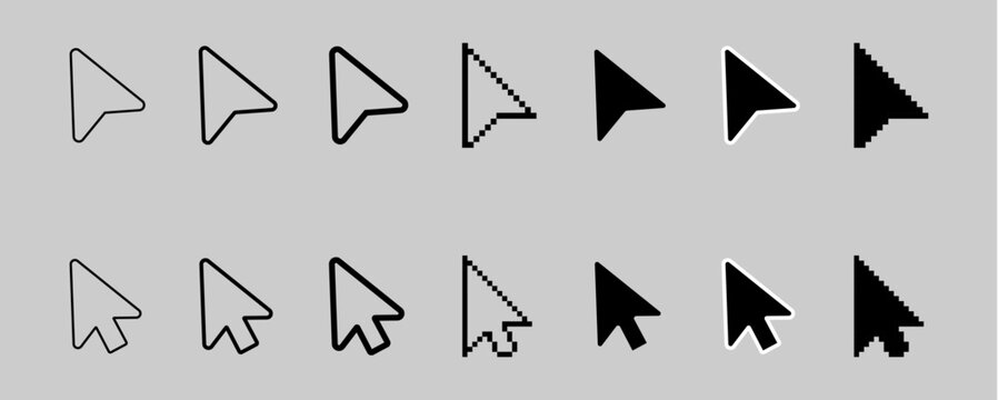 interface mouse pointer icons. mouse cursor arrow and pointer line icons collection in varying stroke weights for website UI navigation and desktop interface clicking