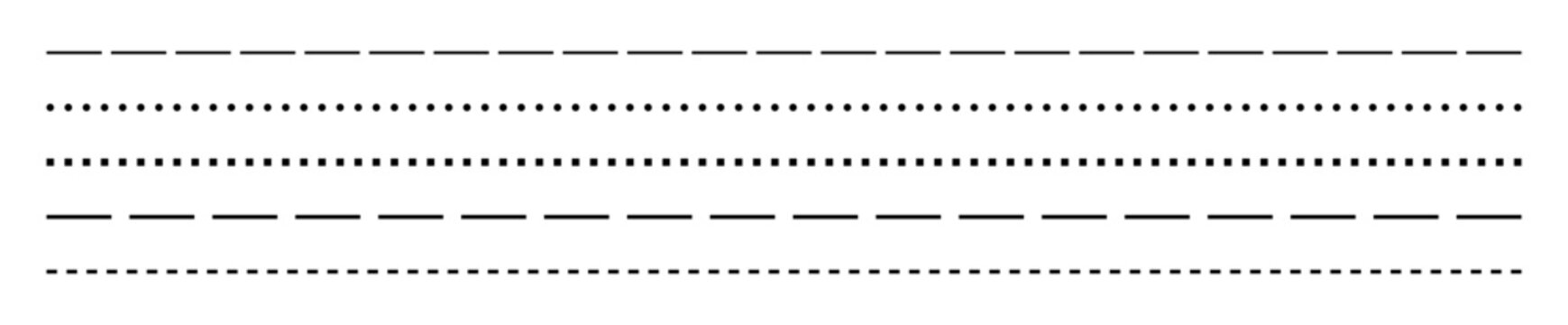 horizontal dashed line set. set of different dashed and dotted horizontal divider lines for page design and layout decoration