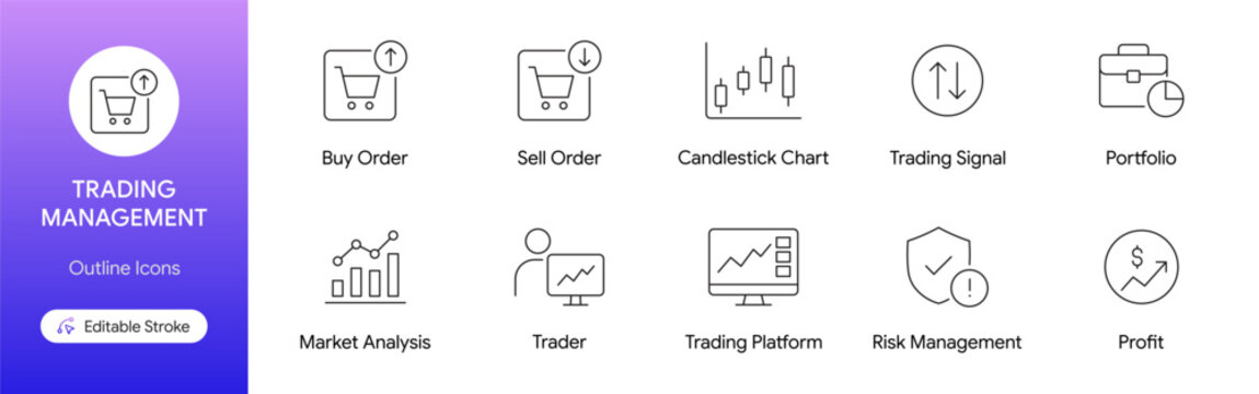 Trading management outline icons set including buy sell order market analysis profit and candlestick chart vector illustration