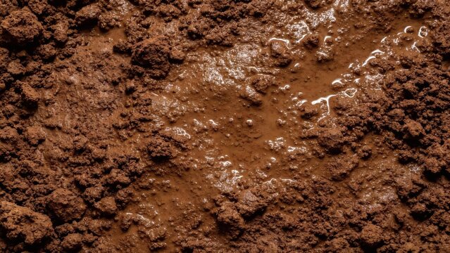 Wet brown soil surface texture filling entire frame