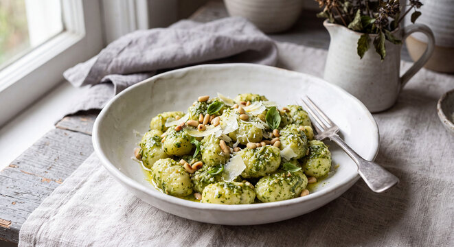 Potato Gnocchi with Green Pesto alla Genovese Sauce Grated Cheese and Pine Nuts