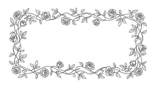 Vintage floral rose frame, elegant black line art border with climbing vines and leaves, decorative botanical rectangular frame for wedding invitations